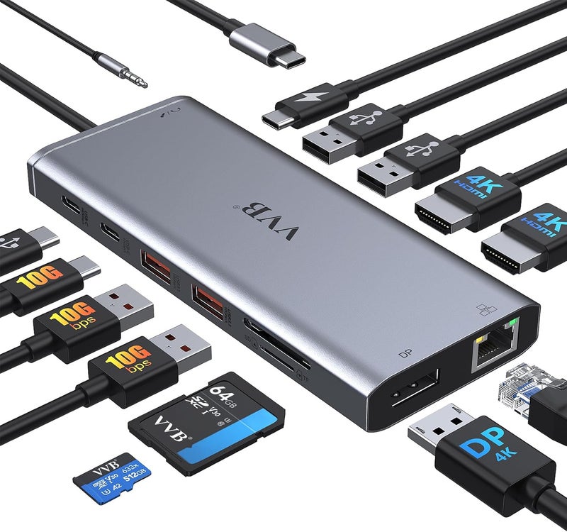 VVB USB C Laptop Docking Station Dual Monitor HDMI for Dell/Lenovo/HP Laptop 14 in 1 USB C Hub Multiport Adapter Dongle Dock USB C to 2 HDMI 4K+DisplayPort+Ethernet+4USB+2USB C+100W PD Charger+SD/TF+Audio - Image 1